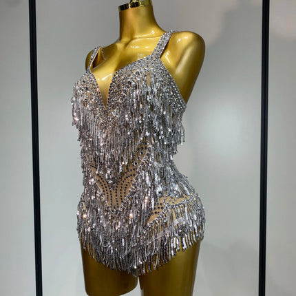 Sparkly Rhinestone Tassel Backless Mesh Bodysuit Luxury Stage Performance Costume