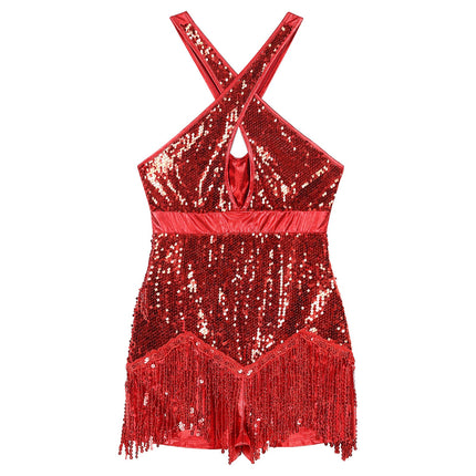 Sequined Fringe Cross-Front Latin Dance Leotard Costume Dress