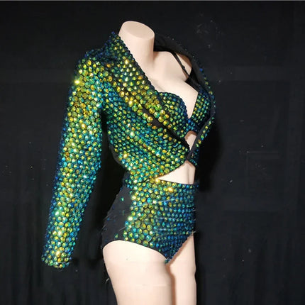 The Stardust Emerald Siren 3-Piece Suit – Luxury Rhinestone Cabaret Ensemble