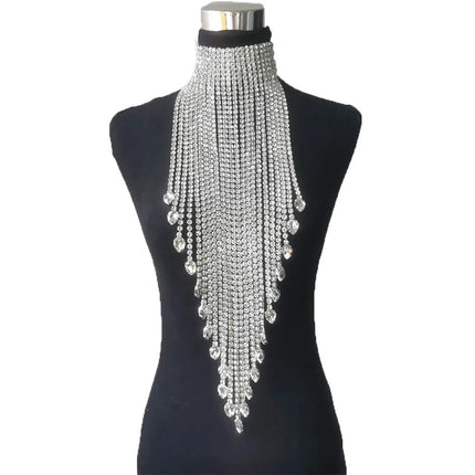 Luxury Rhinestone Long Tassel Statement Choker – Waist-Length Crystal Drop Necklace for Weddings, Galas & High-Fashion Clubwear