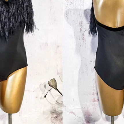 Black Fluffy Dance Leotard & Fringe Practice Skirt Latin Performance Costume Set