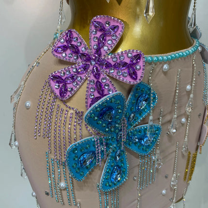 Colorful Rhinestone Pearl Sheer Dress & Two-Piece Mini Skirt Set Celebration Outfit