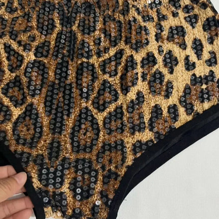 Sequined Top & High-Waist Leopard Print Shorts 2-Piece Gogo Dance Set
