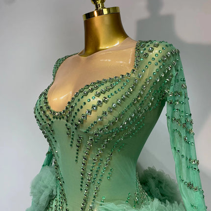 Luxury Green Diamonds Mesh See-Through Long Sleeve Jumpsuit Stage Performance Costume