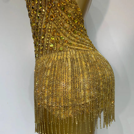 Gold Rhinestone Sheer Mesh Bodysuit Luxury Stage Performance Jumpsuit