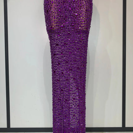 Sparkly Rhinestone Sleeveless Maxi Long Dress See-Through Sheer Mesh Stage Outfit