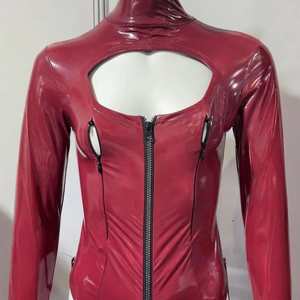 Faux Latex PU Leather Hollow-Out Breast Zipper Bodysuit & Stockings Set