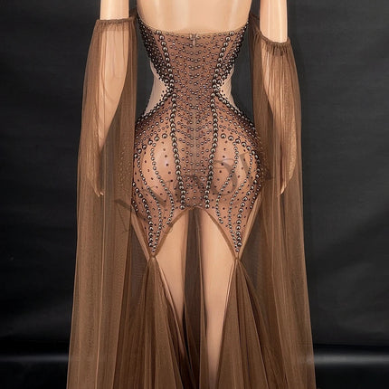 Rhinestone & Pearl Off-Shoulder Sheer Illusion Long Dress Gala Evening Costume