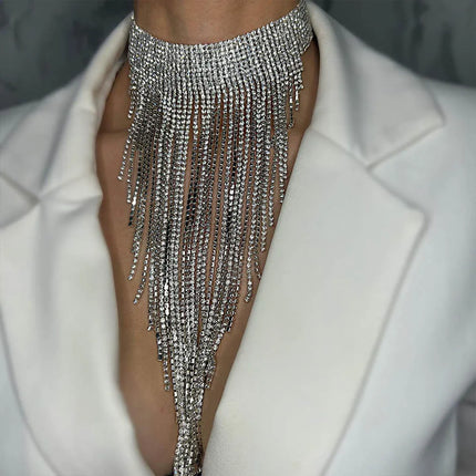 Rhinestone Fringe Tassel Choker Chain Necklace