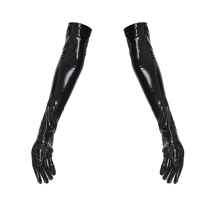 Glossy PU Faux Leather High-Cut Bodysuit, Gloves & Stockings Set
