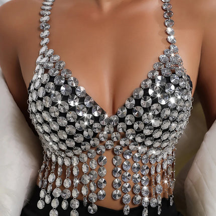Dazzling Rhinestone Tassel Halter Corset Crop Top & Party Tank