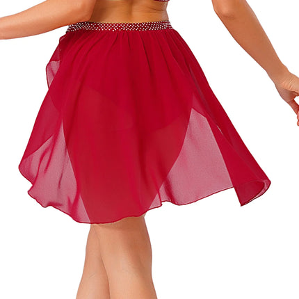 Womens Modern Lyrical Dance Skirt Performance Costume Sparkly Rhinestone Irregular Chiffon Hem Built-in Briefs Skirt Dancewear
