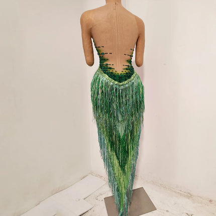 Vintage-Inspired Luxurious Shiny Tassel Rhinestone Jumpsuit