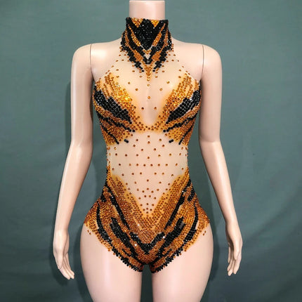 Sparkly Rhinestone Transparent Mesh Bodysuit Stage Performance Costume