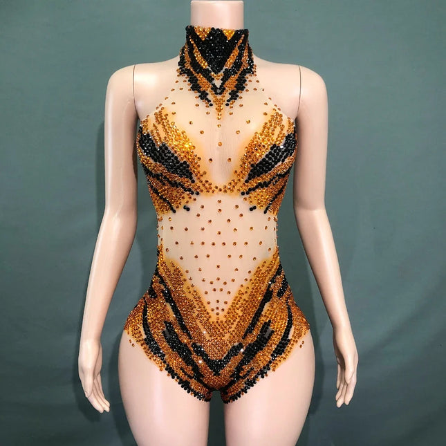 Sparkly Rhinestone Transparent Mesh Bodysuit Stage Performance Costume