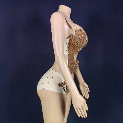 Sparkly Gold Rhinestone Two-Piece Bikini Bra & Shorts Set Stage Performance Costume