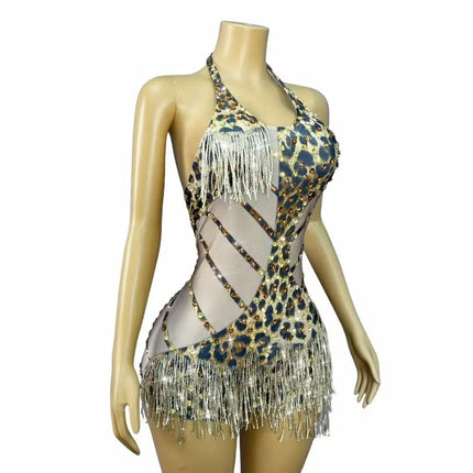 Sexy Backless Halter Leopard Fringe Bodysuit Women Bar Party Crystal Tassel Leotard Singer Concert Performance Dance Costume