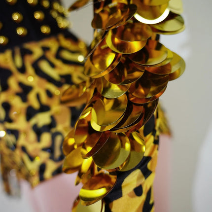 Vintage-Inspired Leopard Print Shiny Rhinestone Sequin Leotard