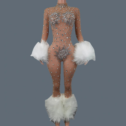Sparkly Rhinestone & Feather Cuffed Jumpsuit Stage Performance Catsuit Costume