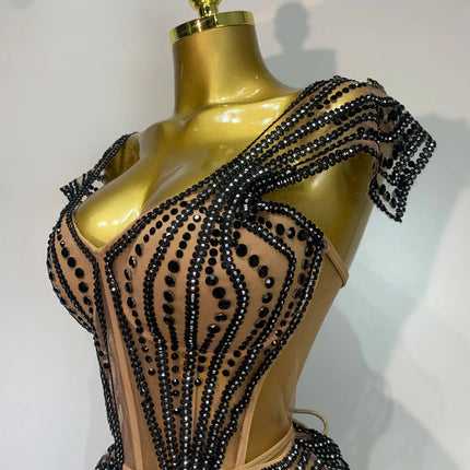 Sparkly Rhinestone Mesh Strapless Mini Dress Evening Stage Performance Outfit