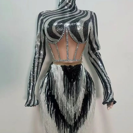 Sparkly Black & Silver Striped Sequin Long Sleeve Mini Skirt Set Costume