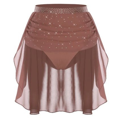 Womens Modern Lyrical Dance Skirt Performance Costume Sparkly Rhinestone Irregular Chiffon Hem Built-in Briefs Skirt Dancewear