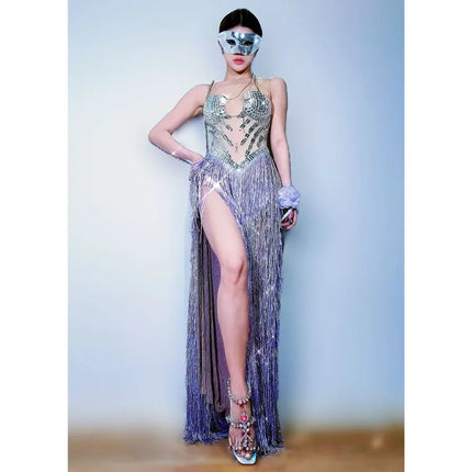 Strapless Rhinestone Fringe High-Slit Showgirl Gown – Glamour Stage Performance & Gala Evening Dress