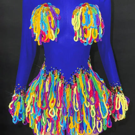 Rainbow Crystal Rhinestone Bodysuit Cascading Fringe Tassel Long-Sleeve Stage Costume
