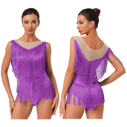 Sparkly Rhinestone & Tassel Fringe Latin Dance Leotard Crew Neck Bodysuit