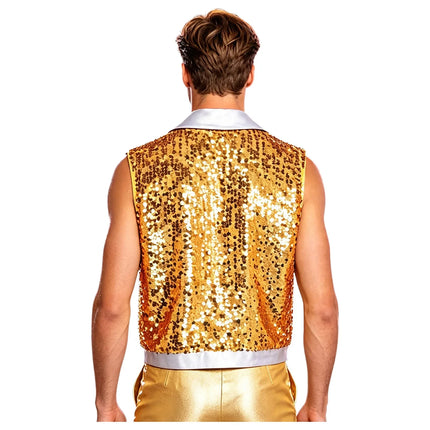 Men's Metallic Sequin Tassel Open-Front Vest Lapel Collar Sleeveless Stage Dance Waistcoat
