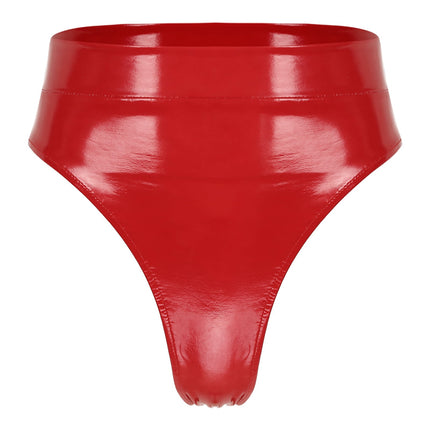 High-Waist Patent Leather Wet-Look Briefs with Adjustable Back Buckle Belt