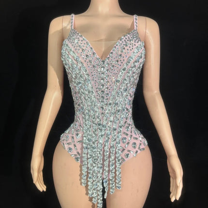Sparkly Rhinestone Sequin Tassel Bodysuit Stage Performance Dance Leotard