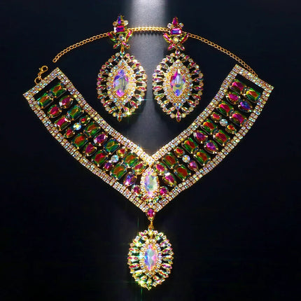 Exaggerated Rhinestone Statement Necklace Earrings Set