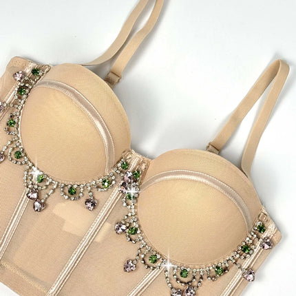 Mesh Bustier Corset Crop Top Diamond Embroidery Tassel Evening Party Bralette