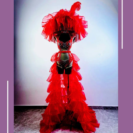 Hollow-Out Rhinestone Bodysuit & Feathered Layered Skirt Carnival Costume Set