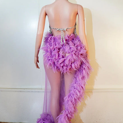 Purple Spiderweb Rhinestone Halter Bodysuit & Trailing Ruffle Tulle Skirt 2-Piece Stage Costume Set