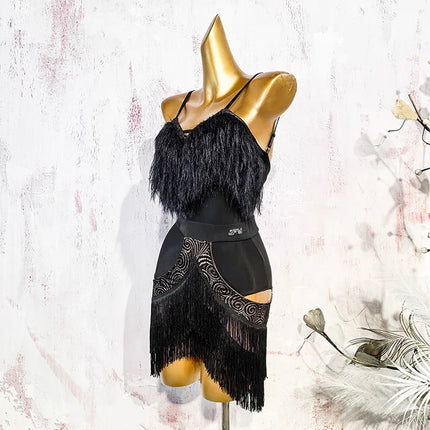 Black Fluffy Dance Leotard & Fringe Practice Skirt Latin Performance Costume Set