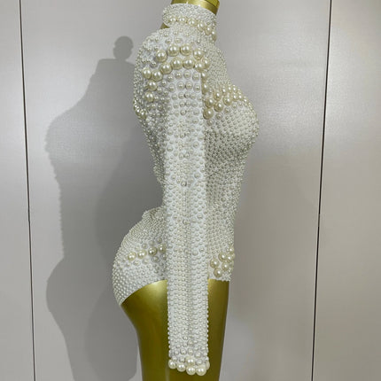 Luxury Full Pearl Long-Sleeved Stage Bodysuit Leotard Evening Performance Costume