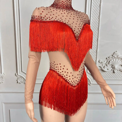 Sparkly Rhinestone Tassel Fringe Dance Performance Costume Stage Bodysuit