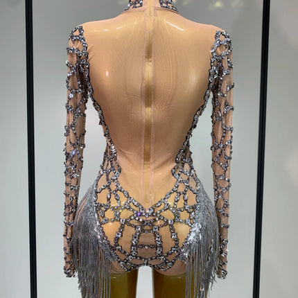 The Stardust Diamond Fringe Bodysuit – Luxury Rhinestone Mesh Stage Costume