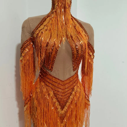 Orange Sparkly Crystal Fringe Bodysuit Off-Shoulder Stage Performance Costume Leotard