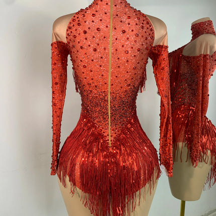 Red Rhinestones Skinny Bodysuit Women Sexy Long Sleeve Tassel Performance Singer Dance Costume Nightclub Celebrate Stage Wear