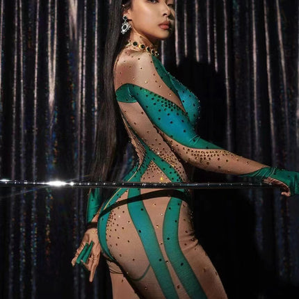 Sparkly Rhinestone Cutout Catsuit Jumpsuit with Matching Gloves Stage Dancewear