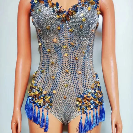 Sparkly Rhinestone & Tassel Fringe Bodysuit Stage Performance Costume