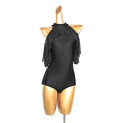 Black High-Neck Short-Sleeve Bodysuit & Gold Fringe Skirt Latin Dance Costume Set