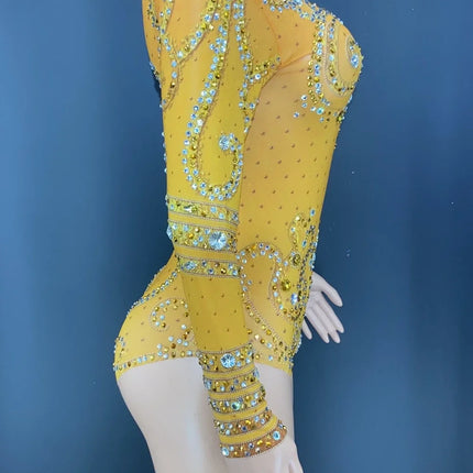 Sparkly Crystals Long-Sleeve Mesh Bodysuit Stage Performance Costume