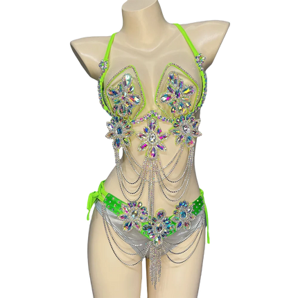 Handmade Samba Carnival Crystal Wire Bra, Panty & Belt 3-Piece Costume Set