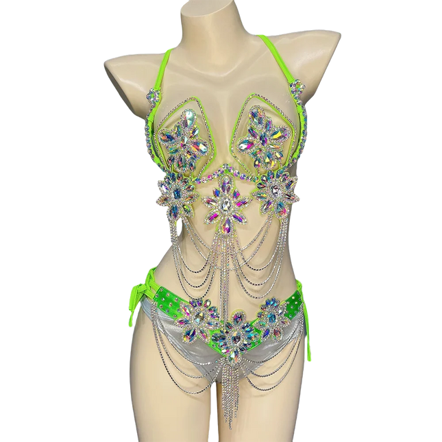 Handmade Samba Carnival Crystal Wire Bra, Panty & Belt 3-Piece Costume Set