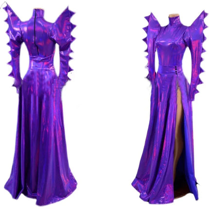 Metallic Armor Bodysuit & Trailing Bustle Skirt 2-Piece Stage Performance Costume Set