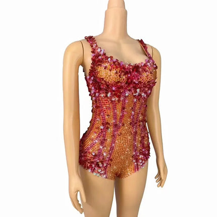 Crimson Sequin Strip & Crystal Rhinestone Bodysuit Illusion Mesh Sleeveless Leotard Stage Costume